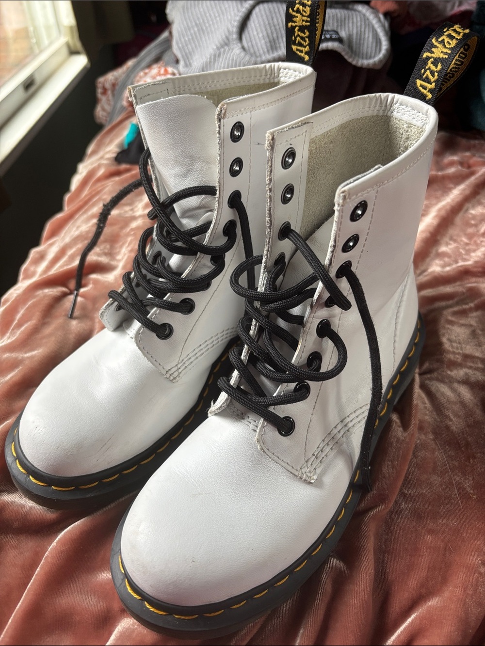 Dr. Martens White Leather Lace-Up Combat Boots with Black Laces